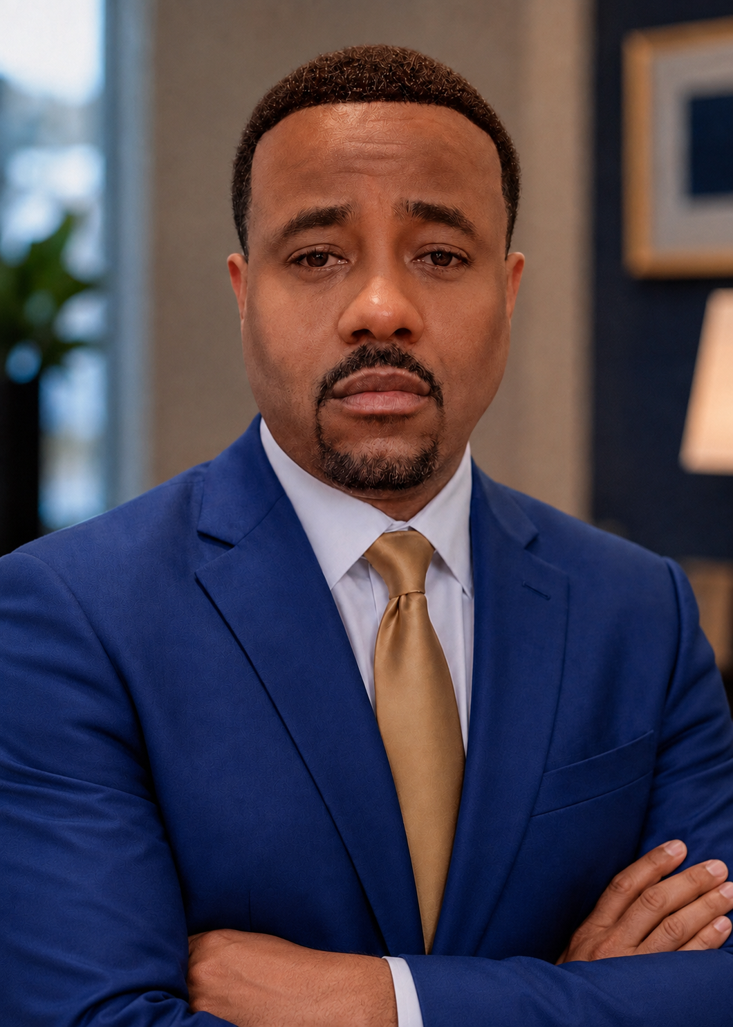 Attorney Ralph Bickham in a blue suit with arms folded